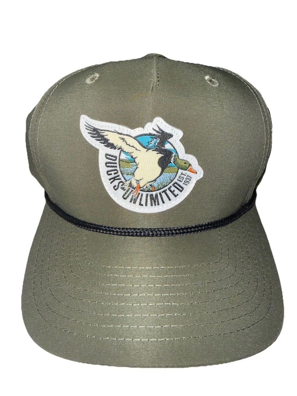 Ducks Unlimited Olive Green Trucker Hat Snapback Rope Accent Flying Duck Patch